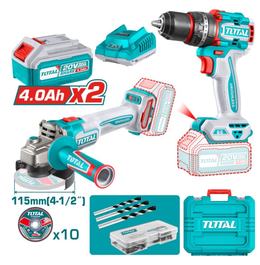 KIT AMOLADORA 1000W 20V + TALADRO PERCUTOR 55NM TOTAL